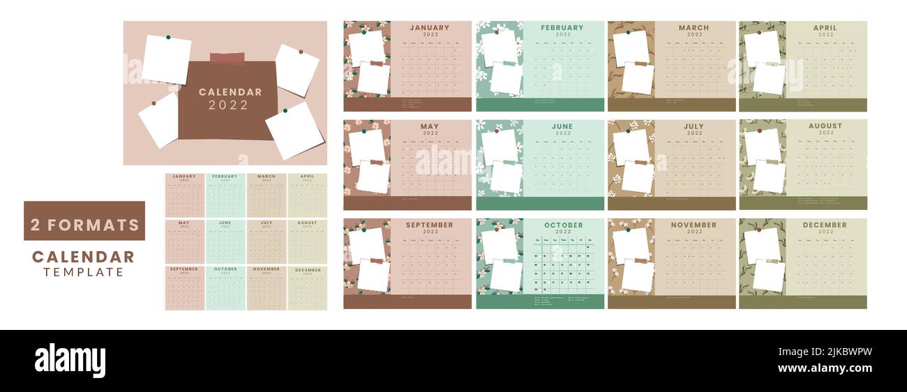 2 Formate Komplettes Set Von 12 Monaten, 2022 Kalender Design Mit Leeren Haftnotizen Und Festival Details. Stock Vektor