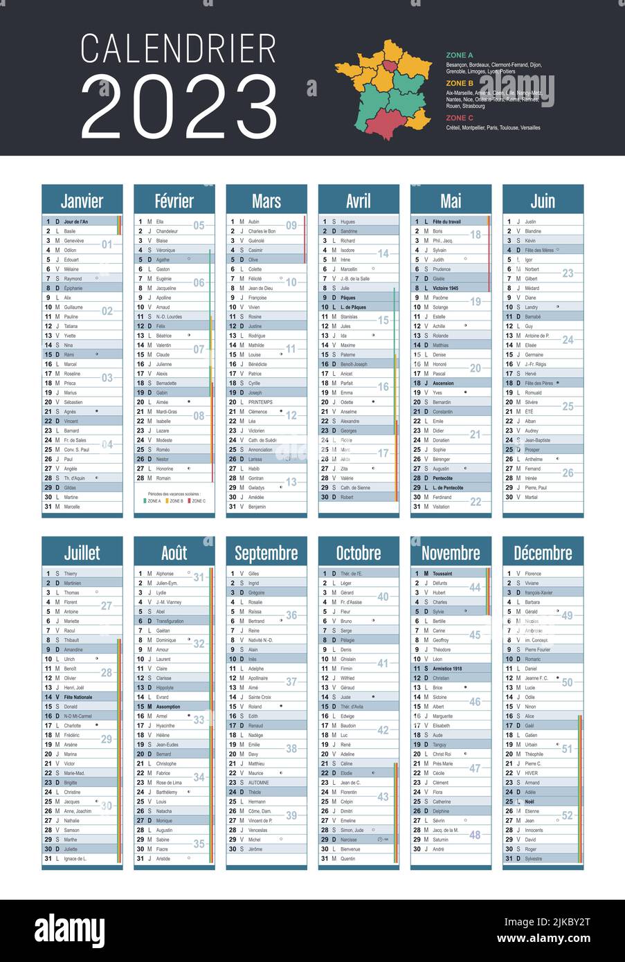 Jahr 2023 Kalender in französischer Sprache, auf weißem Hintergrund. Vektorvorlage Stock Vektor