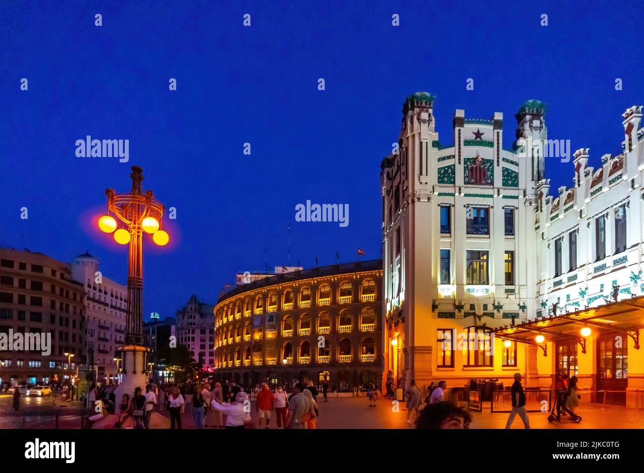 Stierkampfarena bei Nacht, Valencia, Spanien Stockfoto