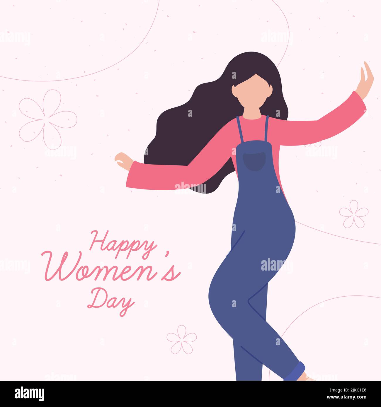 Happy Women's Day Font mit gesichtslosem jungen Mädchen winkt ihre Arme auf Pastell rosa Hintergrund. Stock Vektor