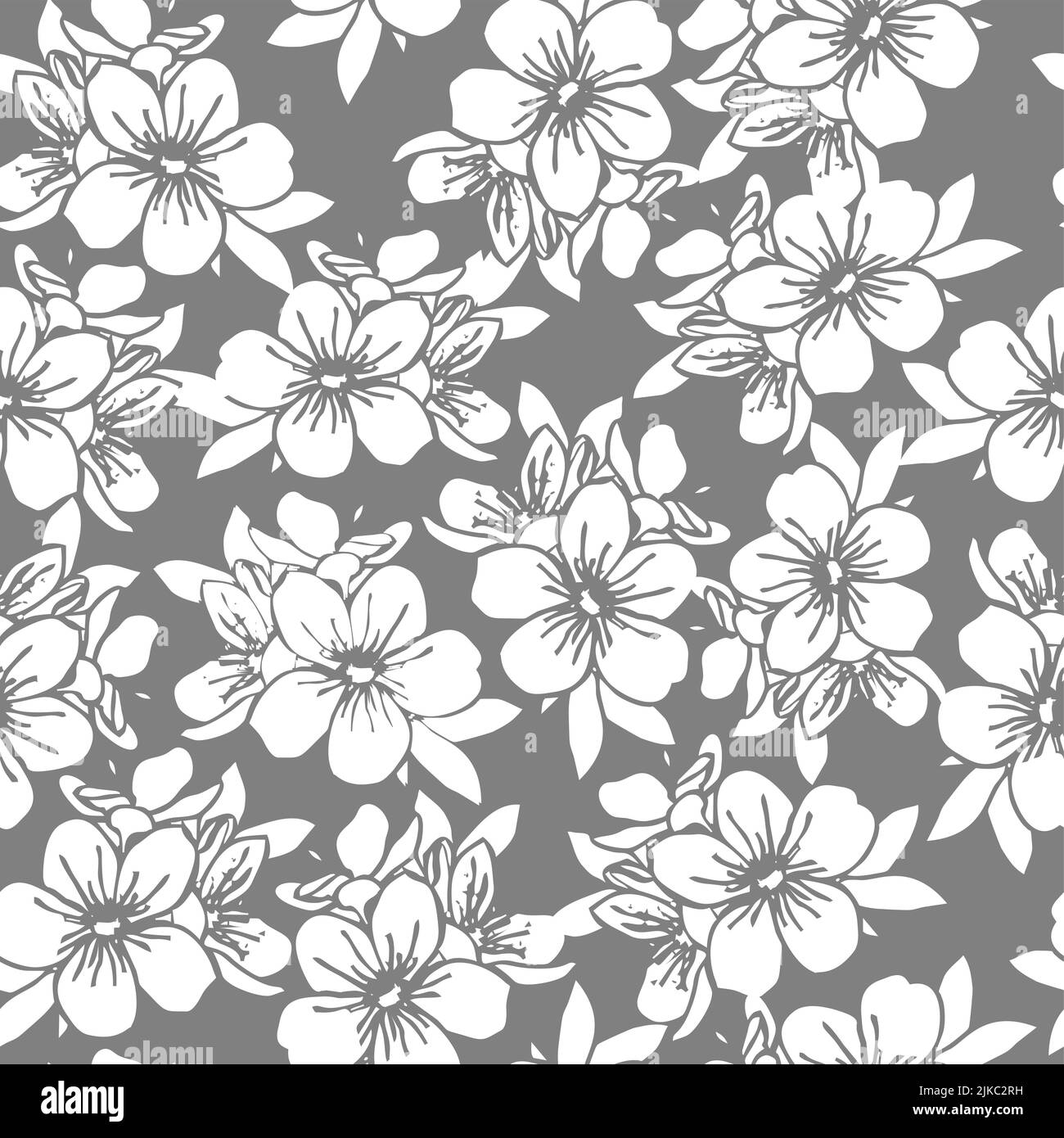 Nahtlose Blumenmuster aus weißen Blumen auf einem grauen Hintergrund, Textur, Muster wiederholen, Design Stockfoto
