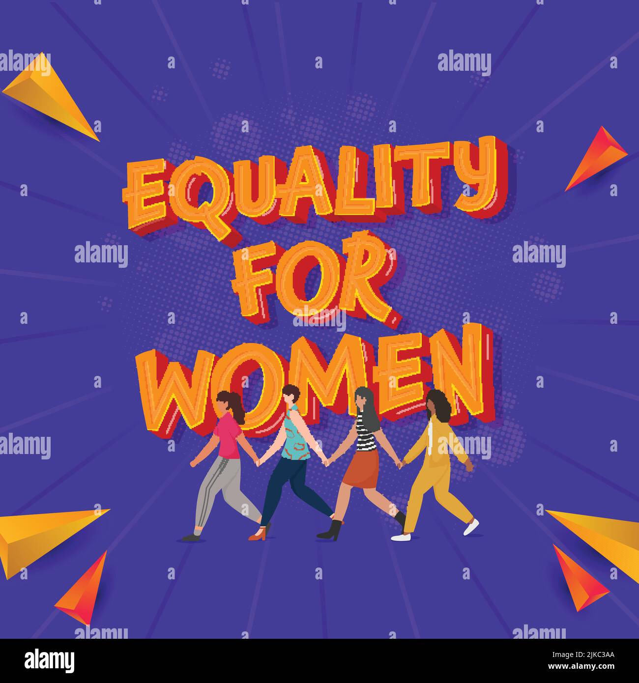 3D Orange Equality for Women Zitat mit einer Gruppe von Teenagern, die sich gegenseitig die Hände halten, und 3D Dreiecks-Elemente auf dem Hintergrund der blauen Halbtonstrahlen. Stock Vektor