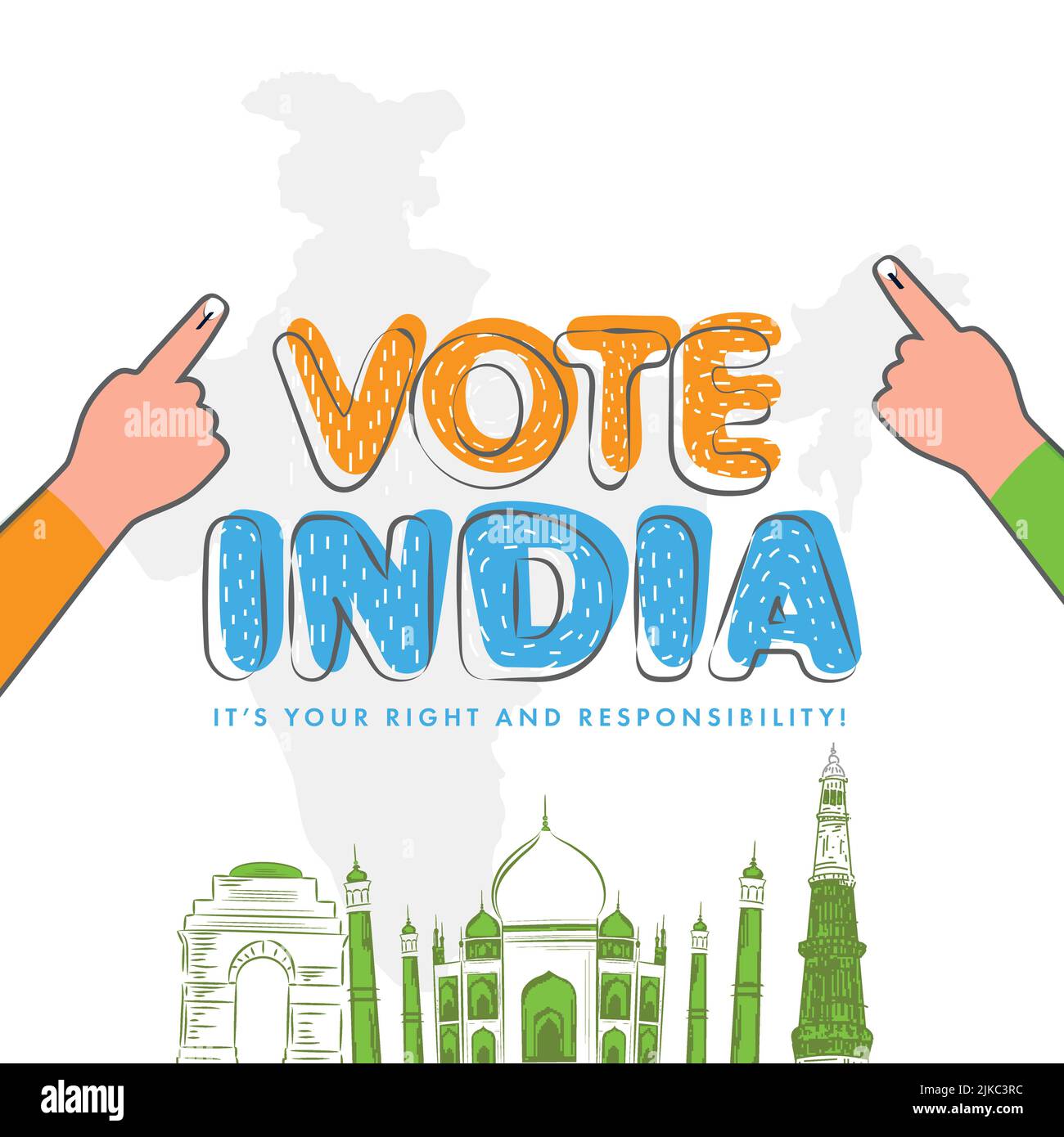 Vote India, IT's Your Right and Responsibility Text with Voter Hands and Doodle Style Famous Monument on Silhouette India Map White Background. Stock Vektor