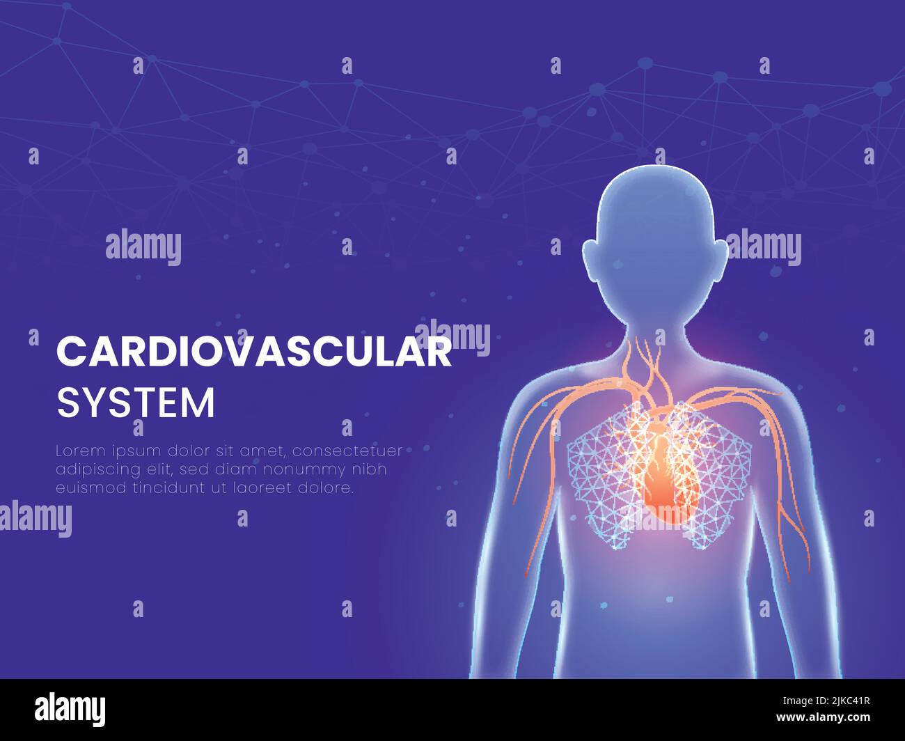 Kardiovaskuläres Oder Kreislaufsystem Konzept Mit Einem Teil Des Menschlichen Organischen Auf Blauen Polygonlinien Hintergrund. Stock Vektor