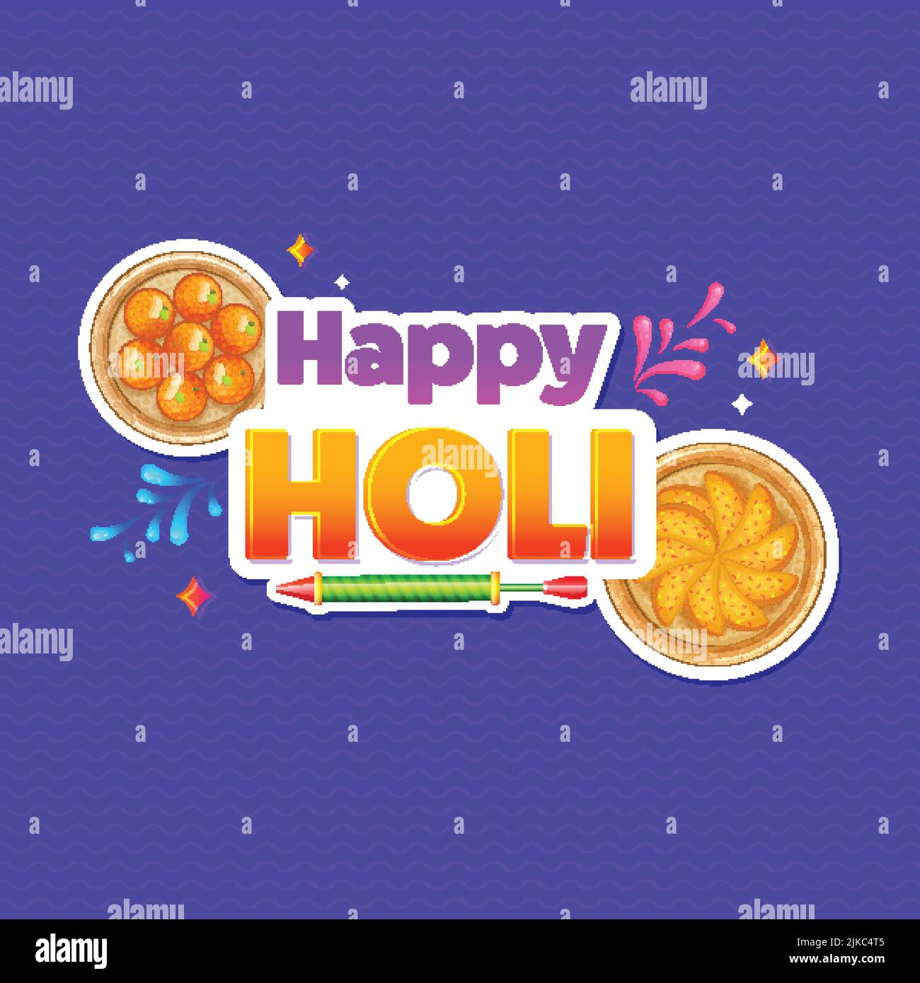 Aufkleber Stil Happy Holi Font Mit Farbpistole (Pichkari) Und Draufsicht Der Indischen Süßigkeiten Platte Auf Blauem Hintergrund. Stock Vektor