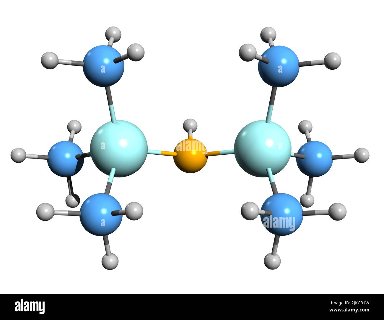 3D Bild der Hexamethyldisilazan-Skelettformel - molekularchemische Struktur der Organosilicon-Verbindung auf weißem Hintergrund isoliert Stockfoto