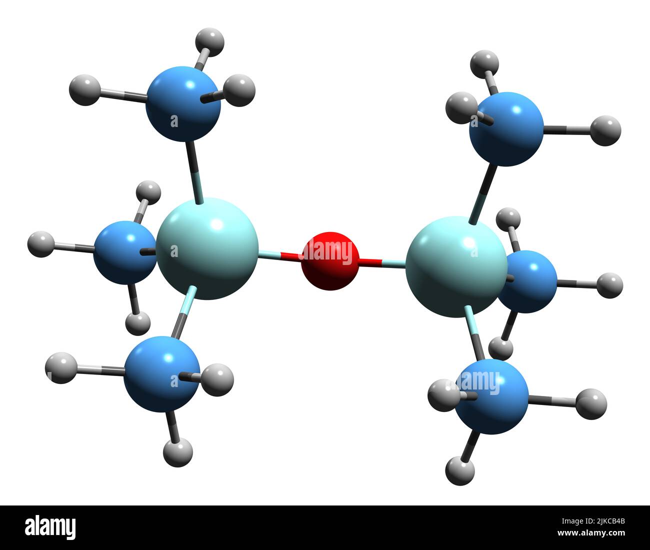 3D Bild der Hexamethyldisiloxan-Skelettformel - molekularchemische Struktur von HMDSO isoliert auf weißem Hintergrund Stockfoto