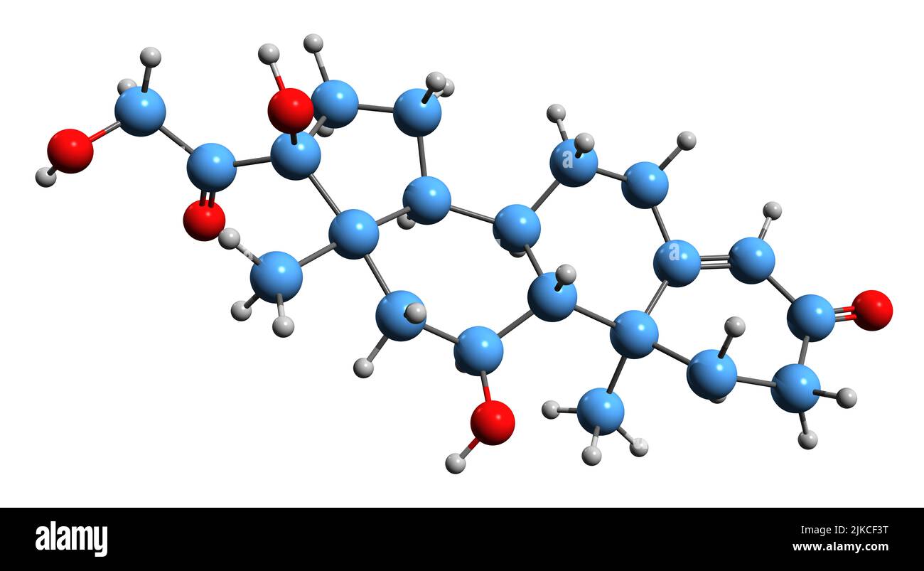 3D Bild der Hydrocortison-Skelettformel - molekularchemische Struktur der Hormonkortisol-Medikation auf weißem Hintergrund isoliert Stockfoto