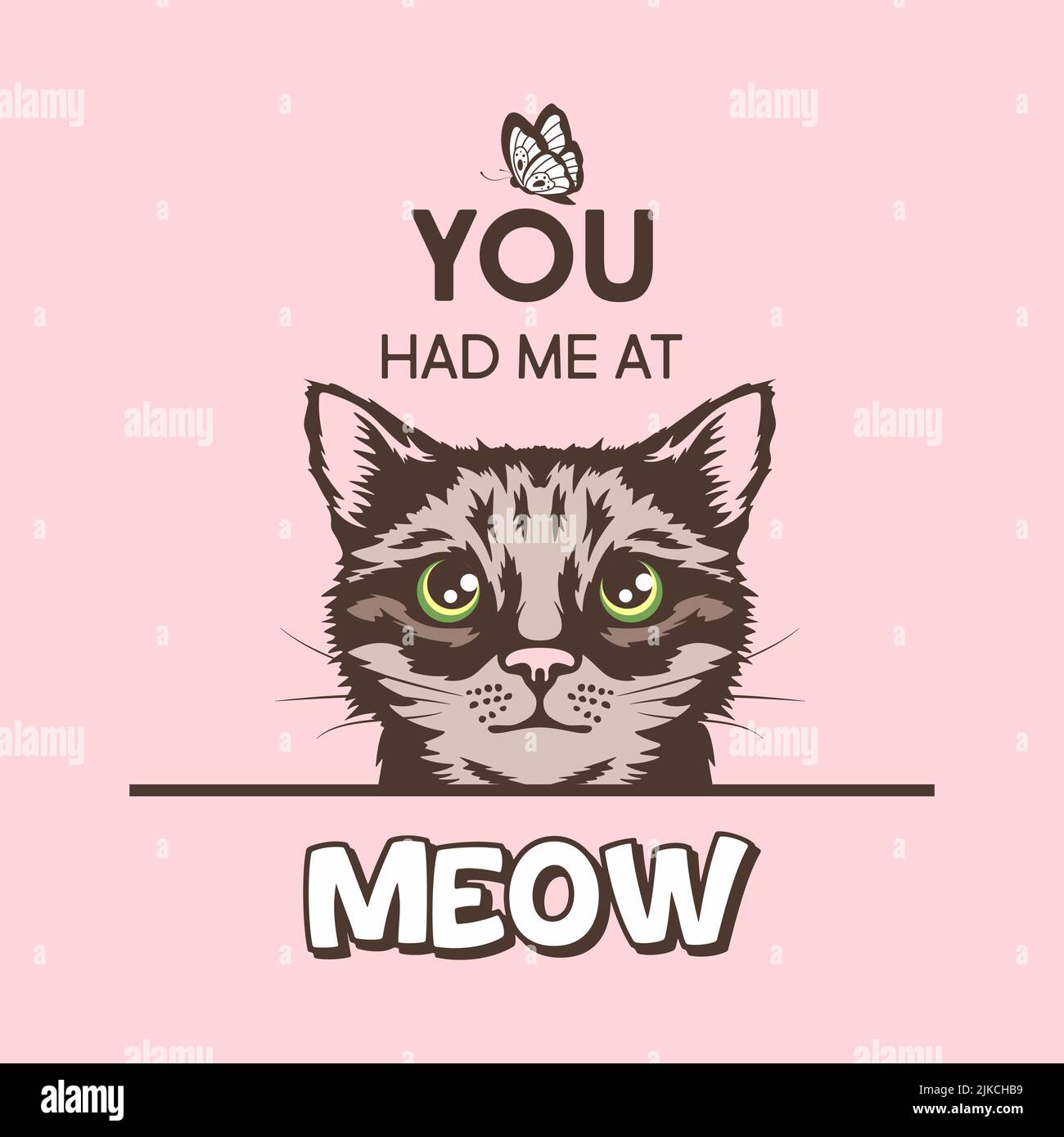 Du Hattest Mich In Meow. Vektor-Poster mit Katze Zitat und Hand gezeichnet Schwarz und Weiß versteckt Peeking Cute Kätzchen auf rosa Hintergrund. Funny Kitten ist Peeking Stock Vektor