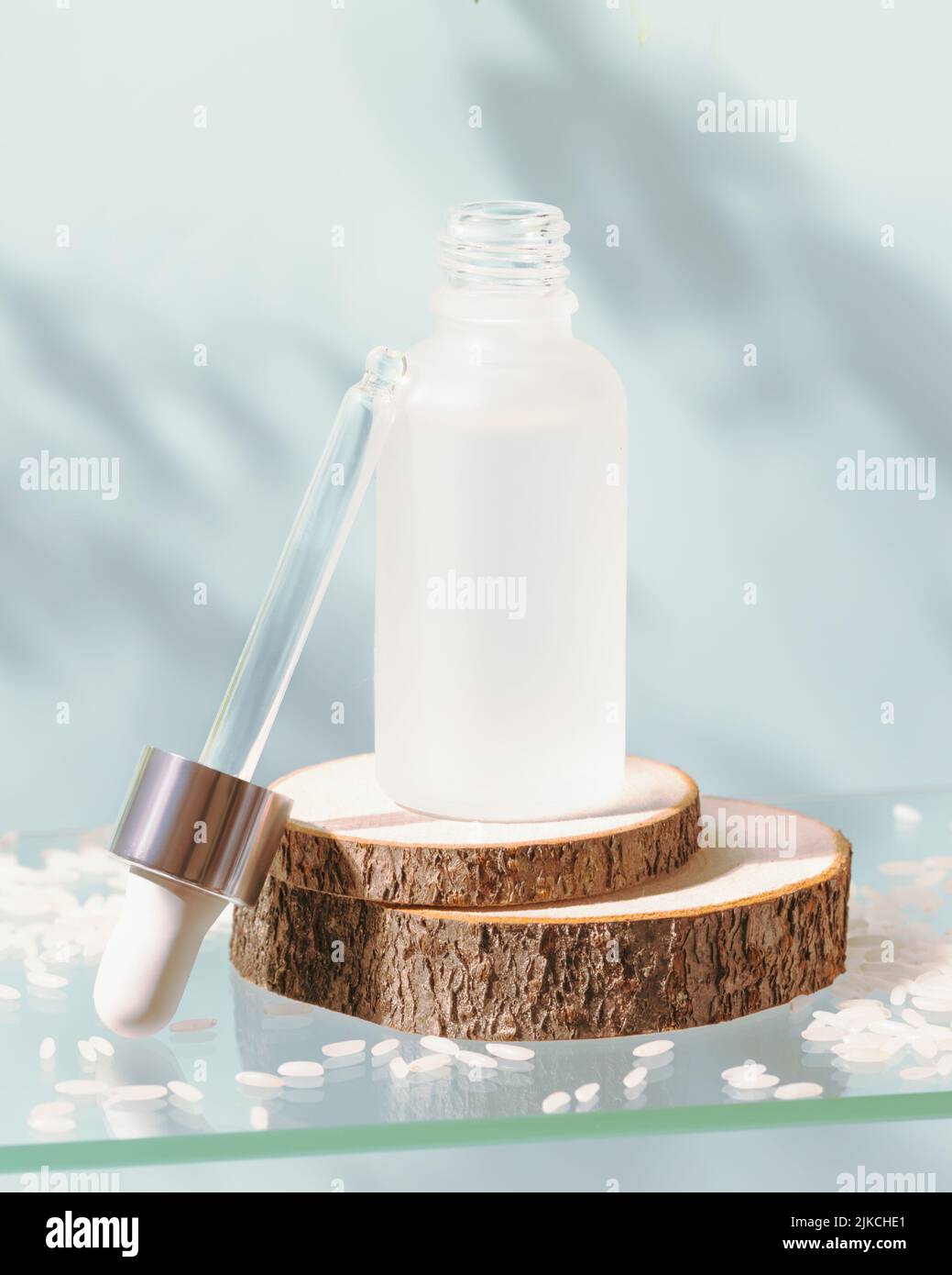 Weiße Tropfflasche aus Glas mit Rise-Serum auf einem Glasregal mit Rise-Samen auf blauem Hintergrund und Schatten. Natürliches Beauty-Produkt auf Fermentbasis Stockfoto