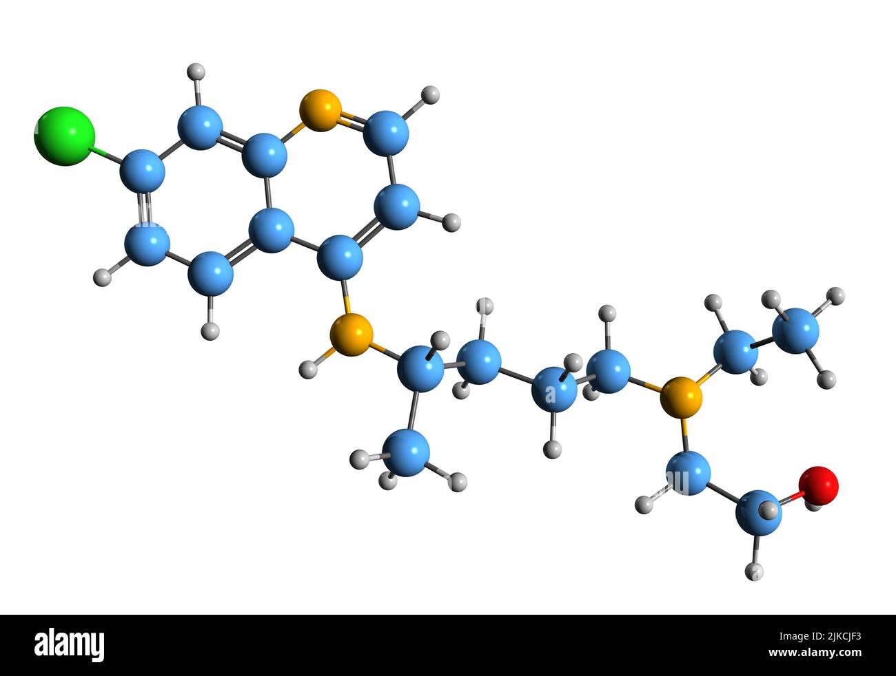 3D Bild der Skelettformel von Hydroxychloroquin - molekularchemische Struktur von Malariamedikamenten auf weißem Hintergrund isoliert Stockfoto