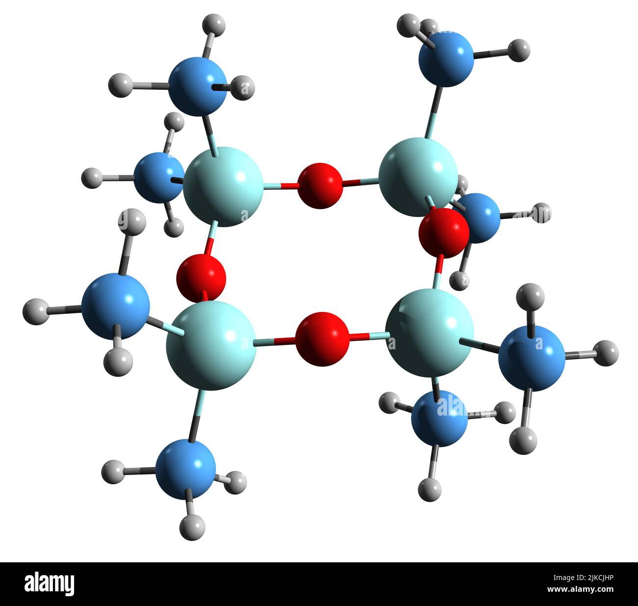 3D Bild der Octamethylcyclotetrasiloxan-Skelettformel - molekularchemische Struktur der Organosilicon-Verbindung isoliert auf weißem Hintergrund Stockfoto