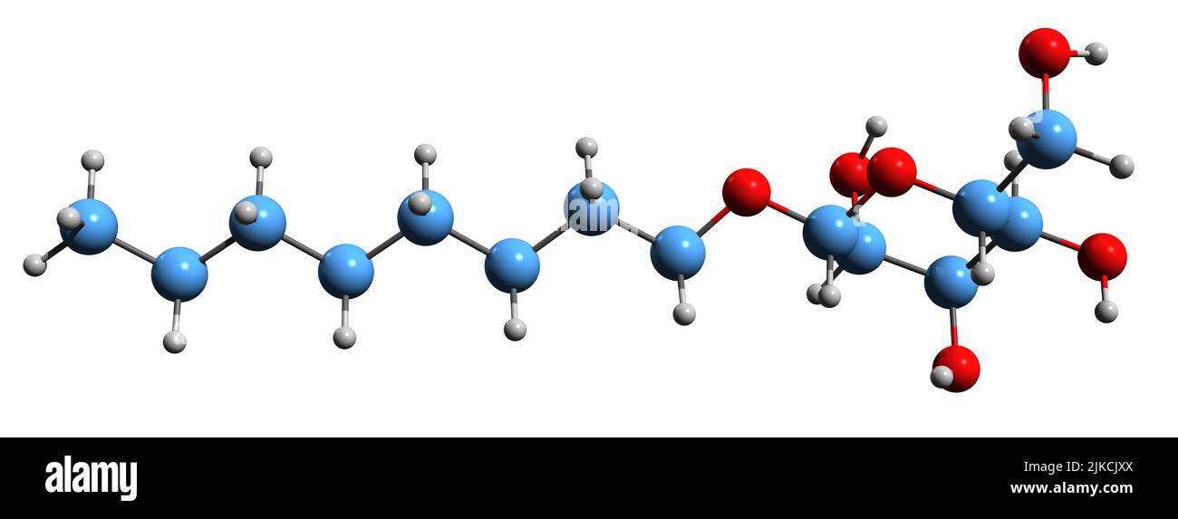 3D Bild der Octyl Glucosid-Skelettformel - molekularchemische Struktur von nichtionischem Tensid, isoliert auf weißem Hintergrund Stockfoto