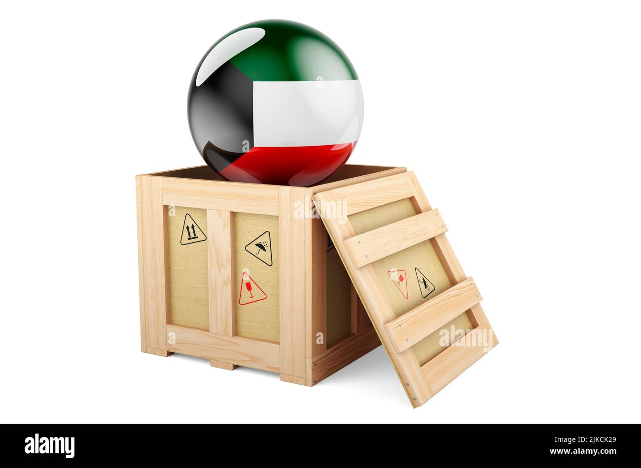 Holzkiste, Paket mit kuwaitischer Flagge. Versand und Lieferung in Kuwait, Konzept. 3D Darstellung isoliert auf weißem Hintergrund Stockfoto