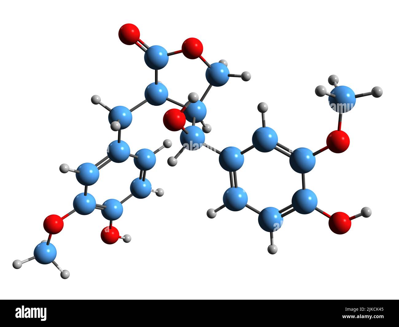 3D Bild der Skelettformel Hydroxymatairesinol - molekularchemische Struktur der norwegischen Fichtenlignan auf weißem Hintergrund isoliert Stockfoto