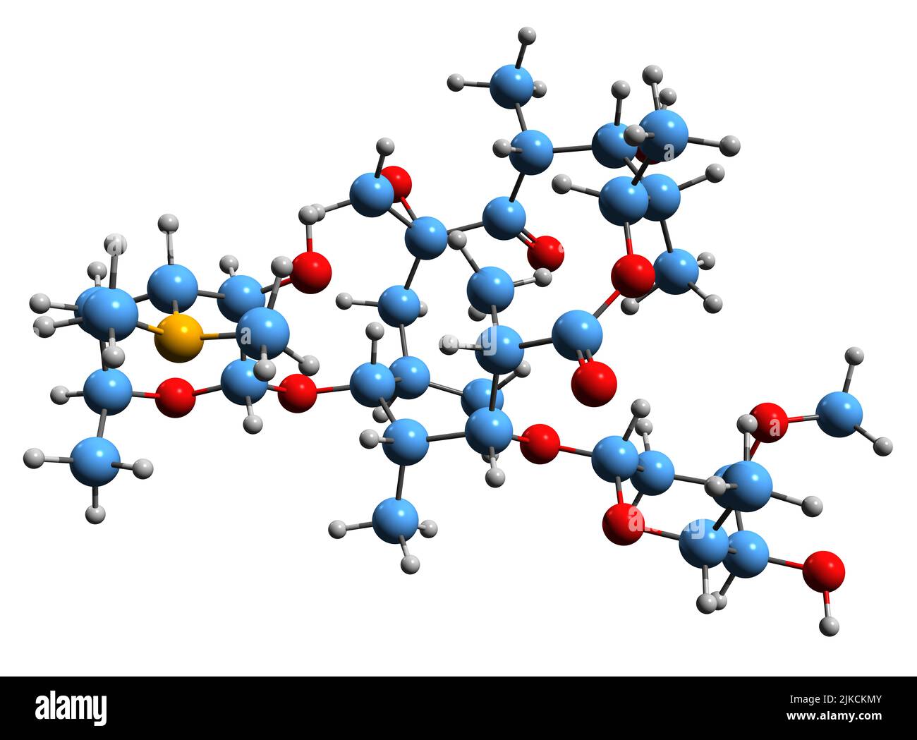 3D Bild der Skelettformel von Oleandomycin - molekulare chemische Struktur des Makrolid-Antibiotikums Е704 isoliert auf weißem Hintergrund Stockfoto