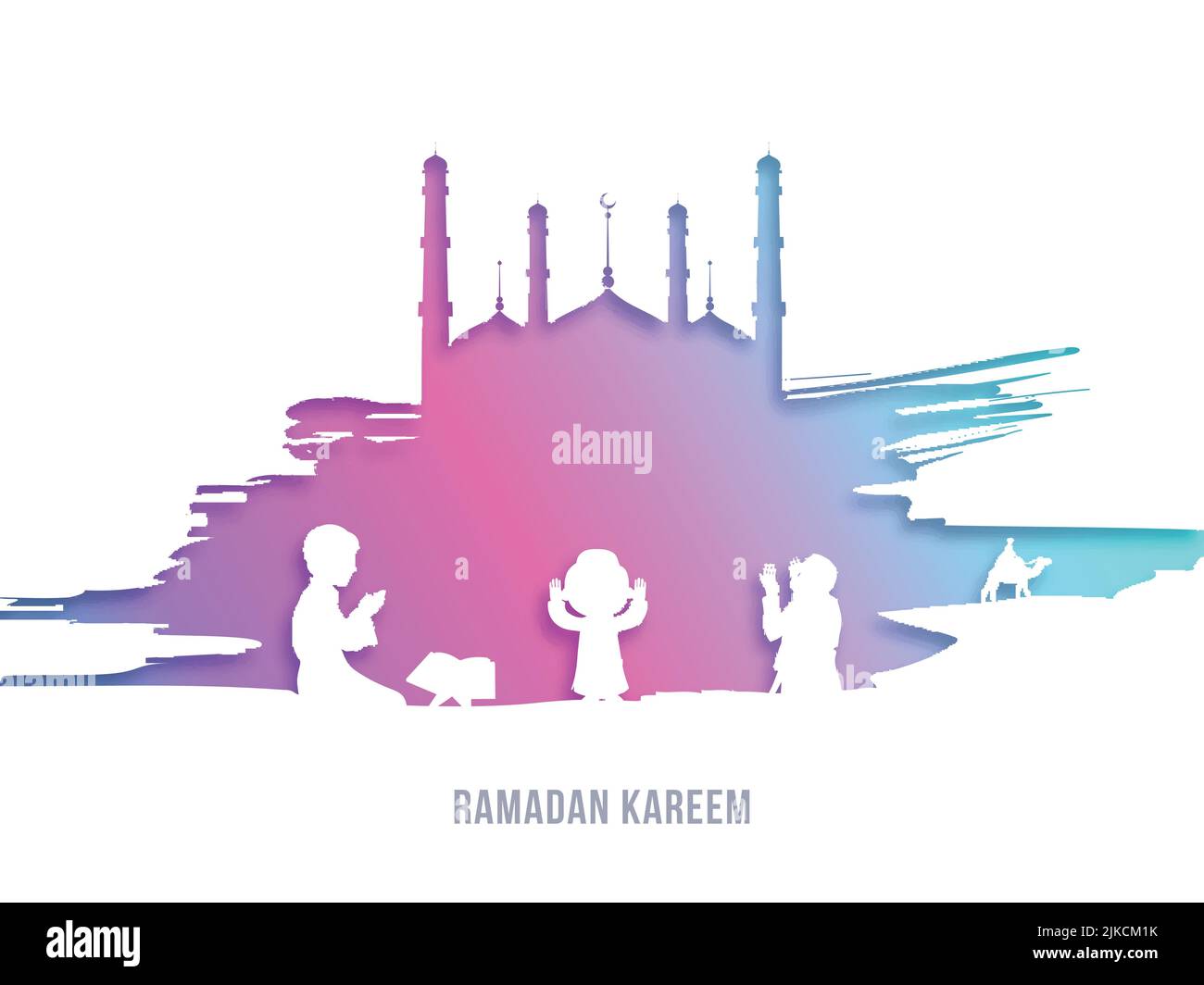 Ramadan Kareem Konzept Mit Papier Geschnitten Islamischen Menschen Beten, Kreative Gradient Moschee Auf Weißem Hintergrund. Stock Vektor