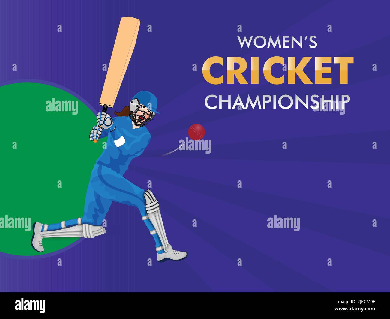Women's Cricket Championship Concept mit India Batter Player trifft den Ball auf Violet Rays Hintergrund. Stock Vektor