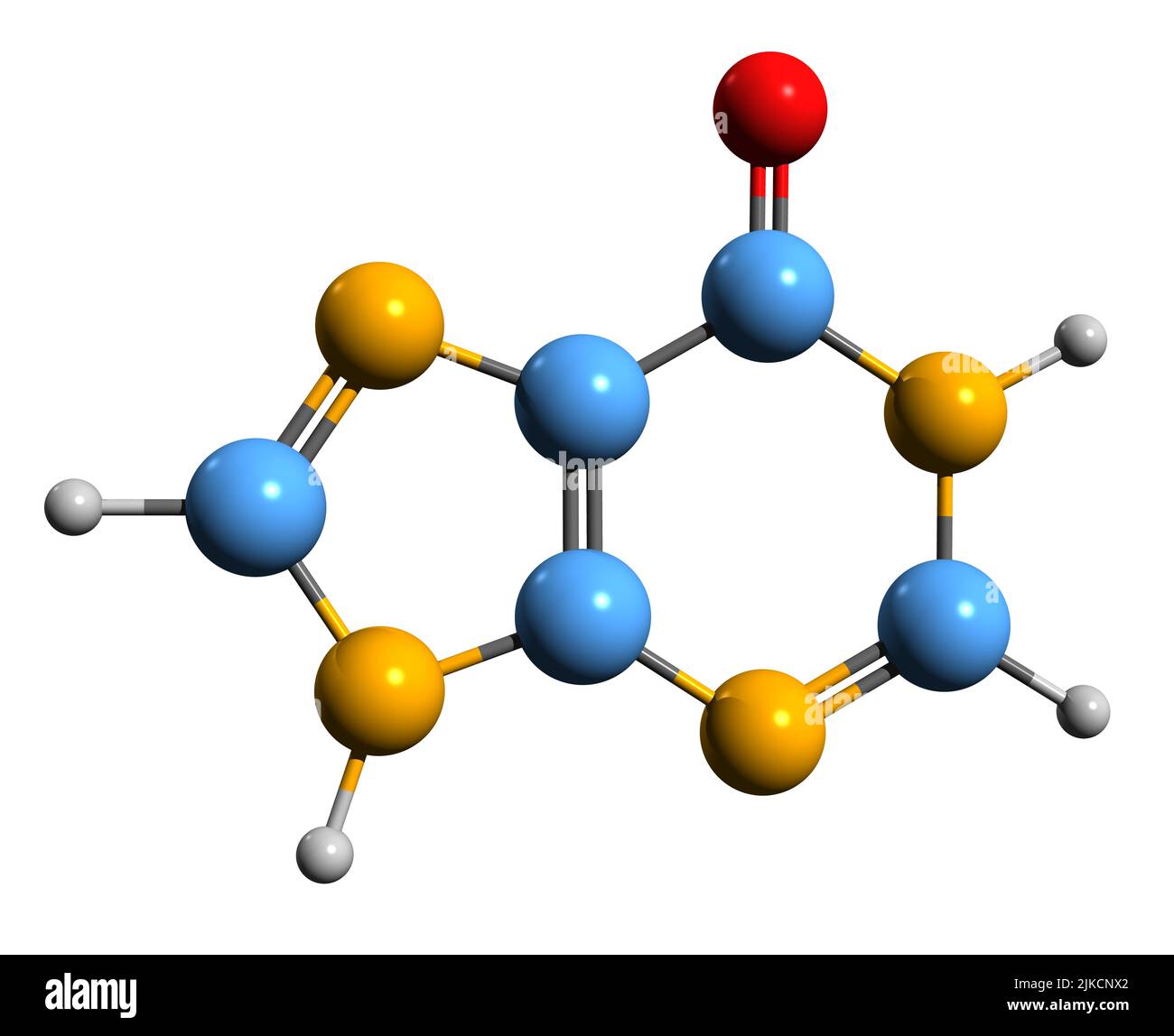3D Abbildung der Skelettformel von Hypoxanthin - molekularchemische Struktur des Purinderivats auf weißem Hintergrund isoliert Stockfoto