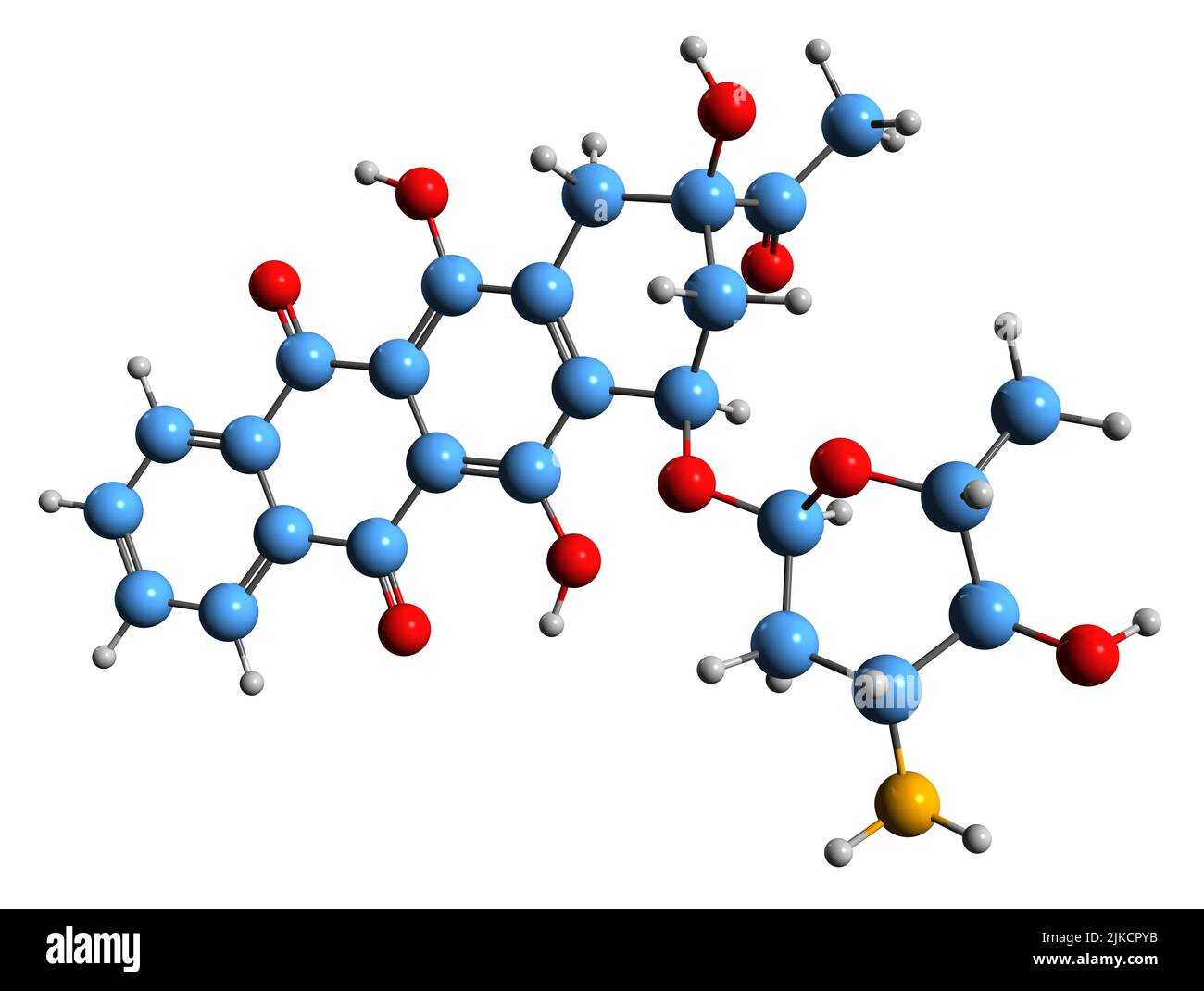 3D Bild der Skelettformel von Idarubicin - molekulare chemische Struktur des anthrazyklinischen antileukämischen Medikaments auf weißem Hintergrund isoliert Stockfoto