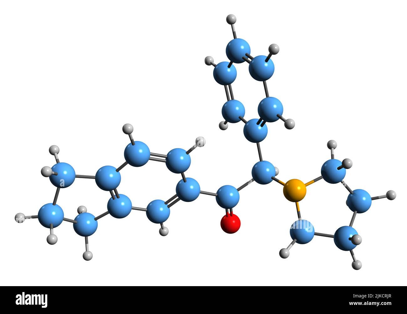 3D Bild der Indapyrophenidon-Skelettformel - molekularchemische Struktur des Designerarzneimittels auf weißem Hintergrund isoliert Stockfoto