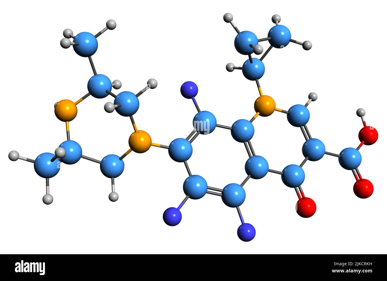 3D Bild der Orbifloxacin-Skelettformel - molekulare chemische Struktur des Fluorchinolon-Antibiotikums, isoliert auf weißem Hintergrund Stockfoto