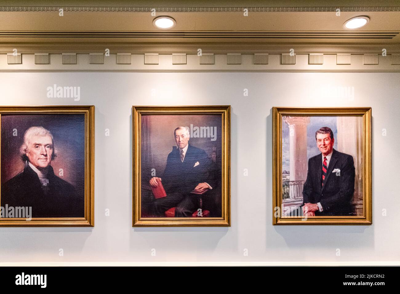 Porträts von Thomas Jefferson, Woodrow Wilson, Ronald Reagan in der Hall of Presidents Stockfoto