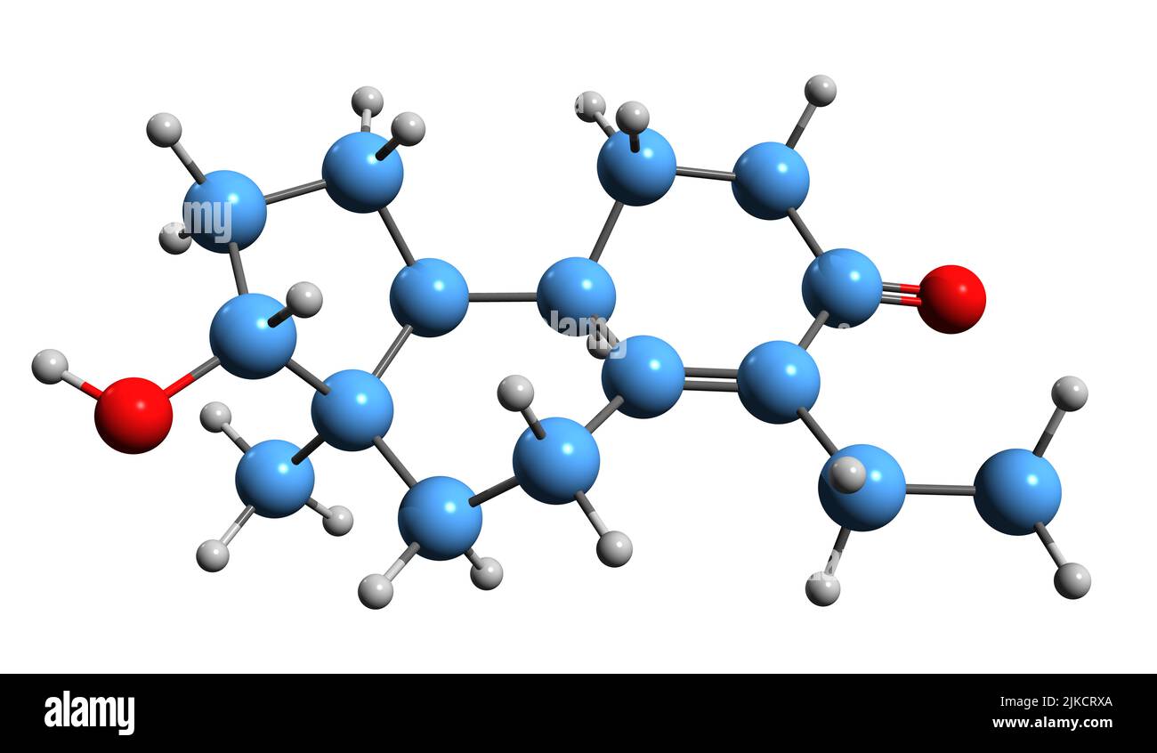 3D Bild der Inocoteron-Skelettformel - molekulare chemische Struktur von Steroid-ähnlichen nicht-steroidalen Antiandrogen, isoliert auf weißem Hintergrund Stockfoto