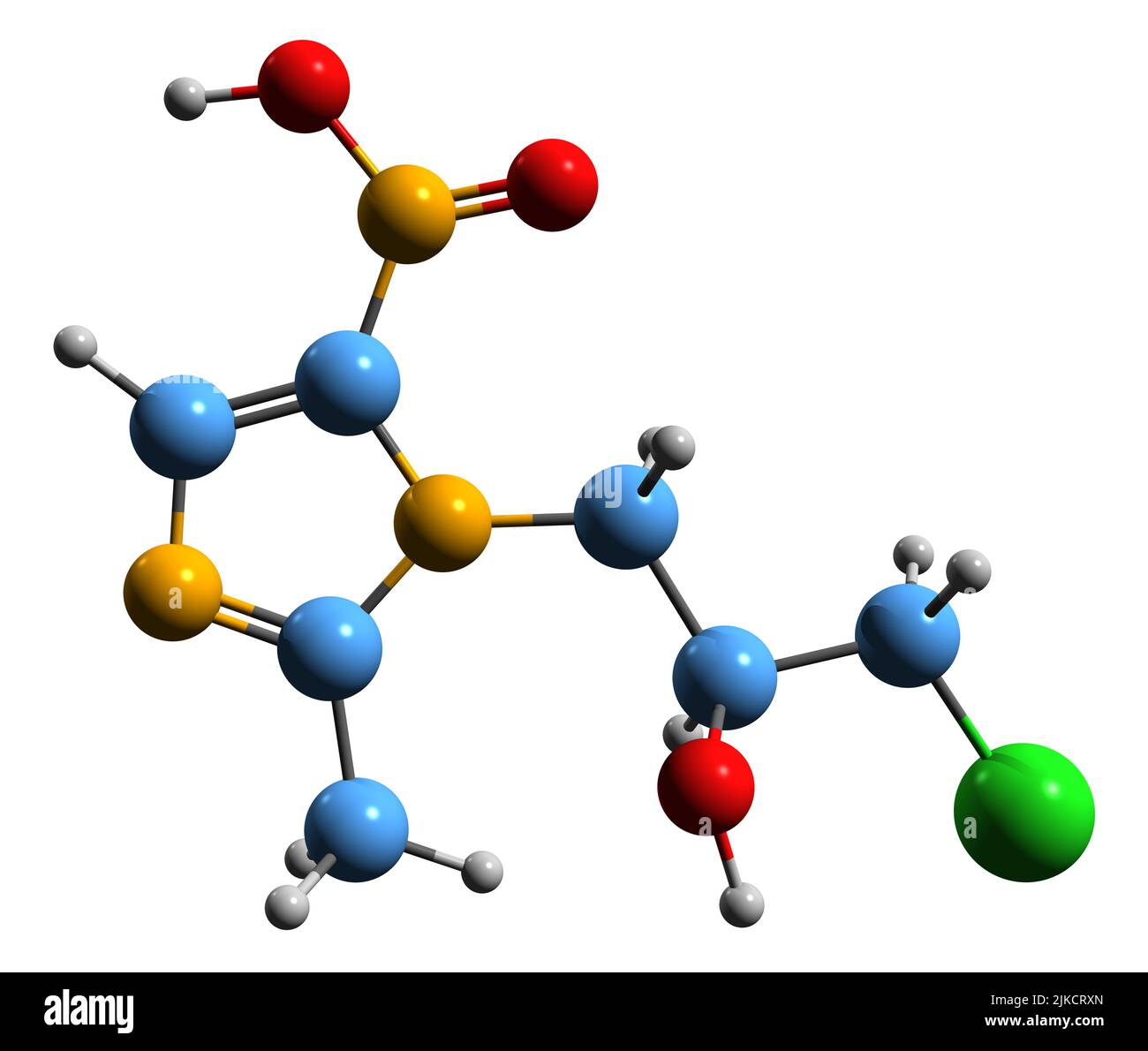 3D Bild der Skelettformel von Ornidazol - molekularchemische Struktur eines auf weißem Hintergrund isolierten Antiprotozoen-Antibiotikums Stockfoto