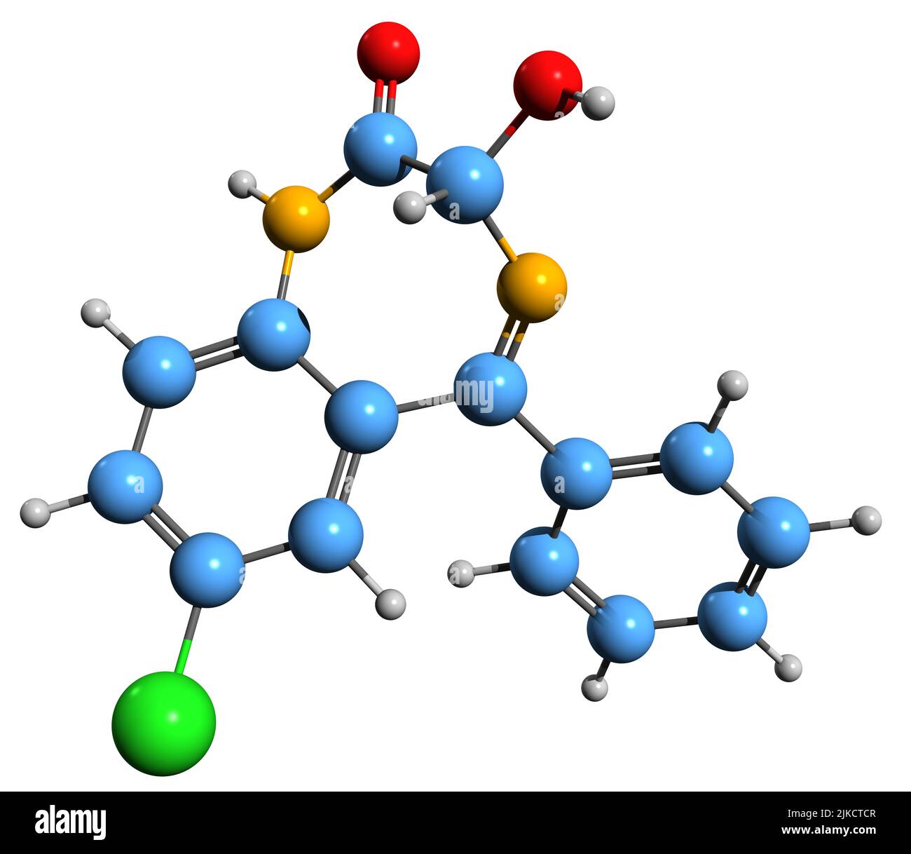 3D Aufnahme der Oxazepam-Skelettformel - molekulare chemische Struktur von kurz- bis mittelwirkender Benzodiazepin isoliert auf weißem Hintergrund Stockfoto