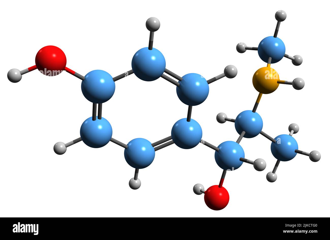 3D Bild der Oxilofrin-Skelettformel - molekularchemische Struktur des Stimulans Methylsynephrin auf weißem Hintergrund isoliert Stockfoto