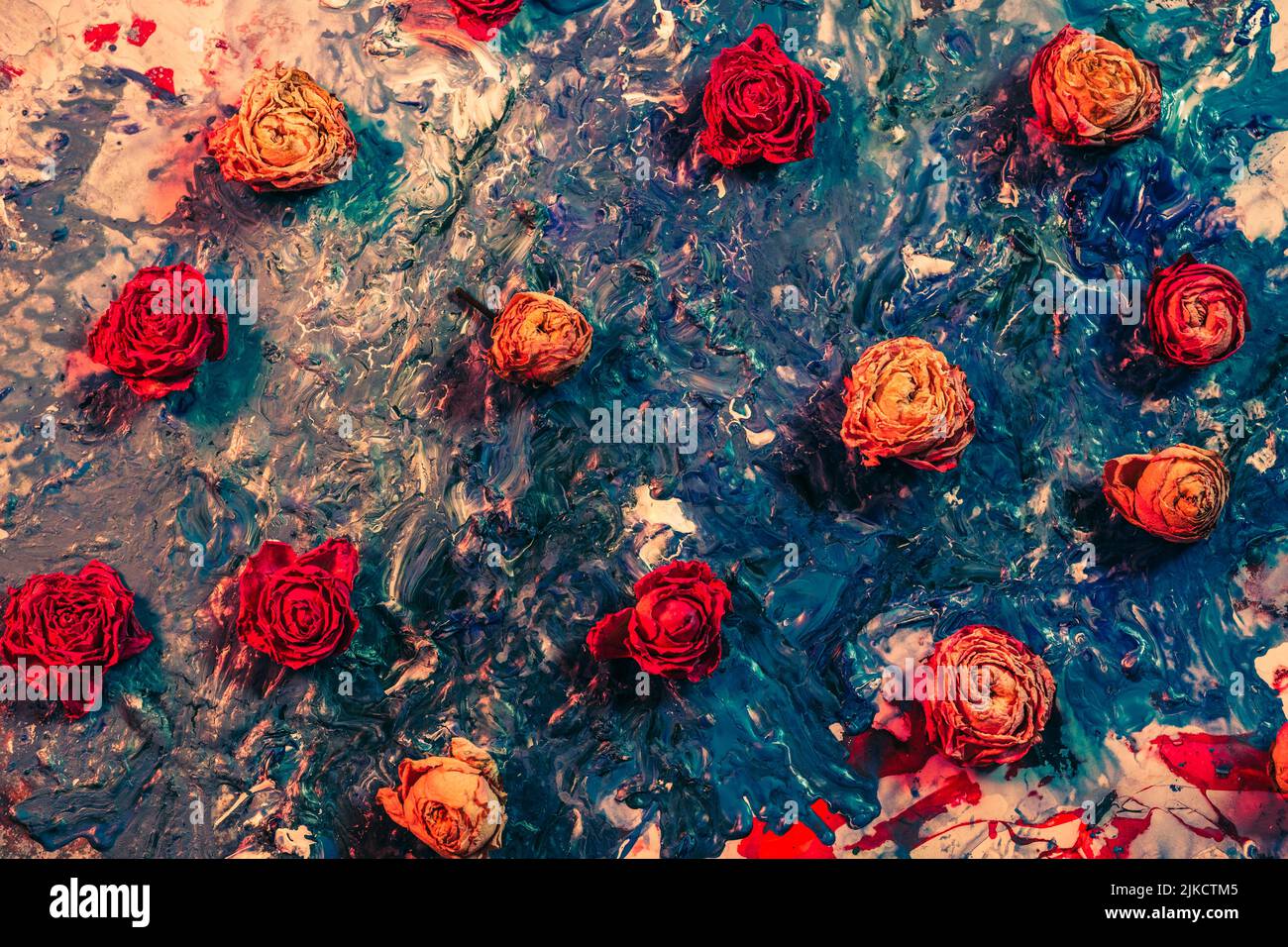 Blumenkunst Hintergrund rot orange getrocknete Rose Knospen Stockfoto