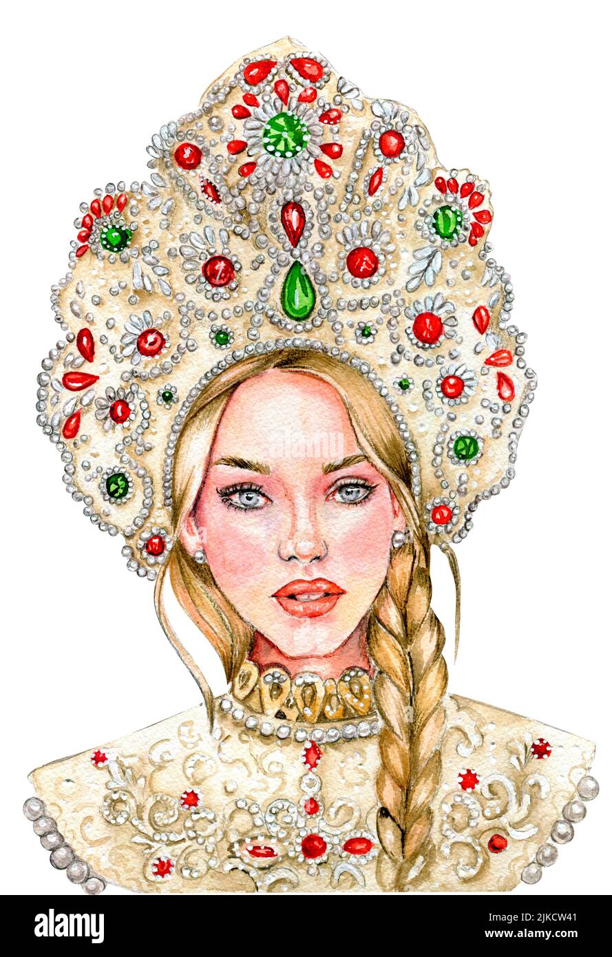 Handgezeichnetes Mädchen in nationaler alter Tracht Stockfoto