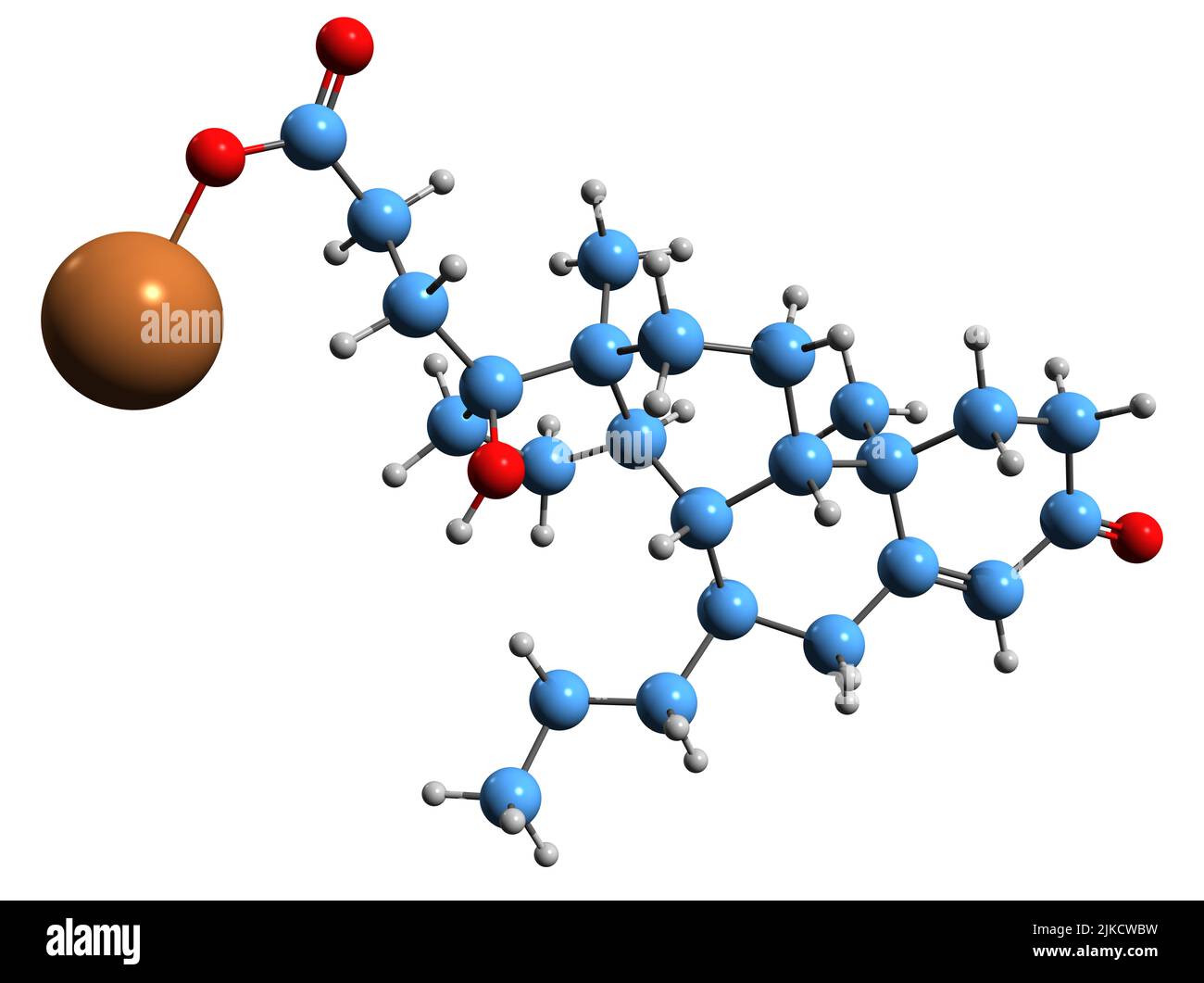 3D Bild der Oxprenoat-Kaliumskelettformel - molekularchemische Struktur des synthetischen steroidalen Antimineralocorticoids, isoliert auf weißem Hintergrund Stockfoto