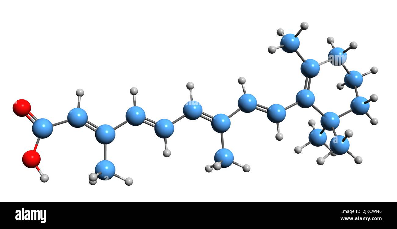 3D Bild der Isotretinoin-Skelettformel - molekulare chemische Struktur des Retinoids 13-cis-Retinoidsäure isoliert auf weißem Hintergrund Stockfoto
