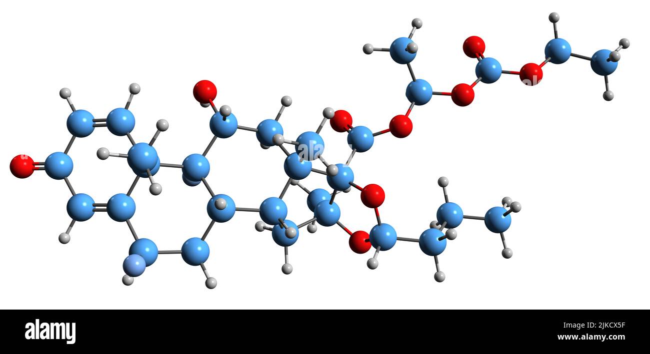 3D Bild der Skelettformel von Itrocinonid - molekularchemische Struktur eines synthetischen Glukokortikoid-Kortikosteroids, isoliert auf weißem Hintergrund Stockfoto