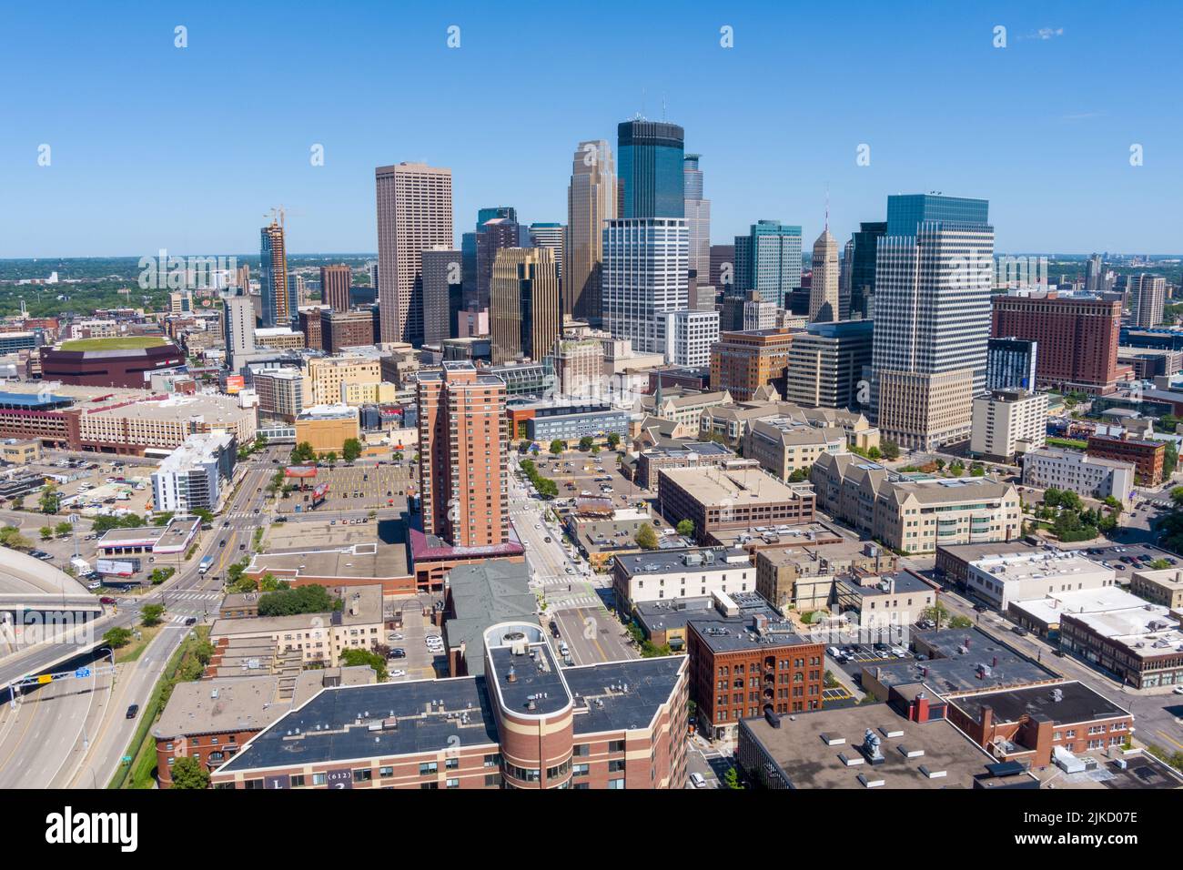 Luftaufnahme der Skyline von Minneapolis, MN. Stockfoto