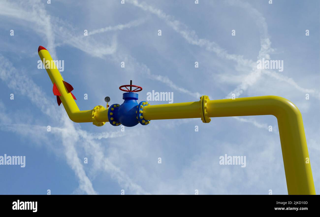 Krise, aus Gasleitungen Waffen werden, das Konzept einer Bedrohung der europäischen Energiesicherheit, 3D Illustration vor dem Hintergrund des Himmels Stockfoto