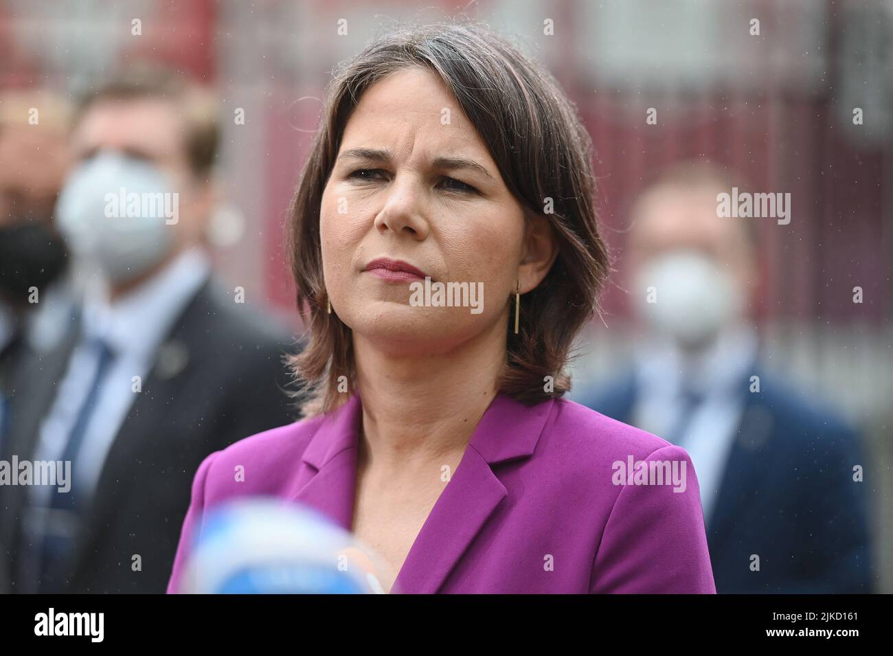 Annalena Baerbock, deutsche Außenministerin, spricht am 1. August 2022 auf einer Pressekonferenz vor dem Hauptsitz der Vereinten Nationen in New York City. (Foto von Anthony Behar/Sipa US) Quelle: SIPA USA/Alamy Live News Stockfoto