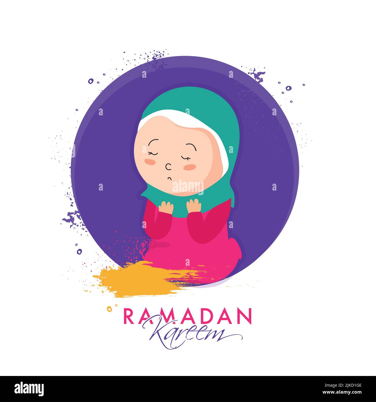 Ramadan Kareem Konzept Mit Cartoon Muslim Frau Bietet Namaz (Gebet) Auf Lila Und Weißen Hintergrund. Stock Vektor