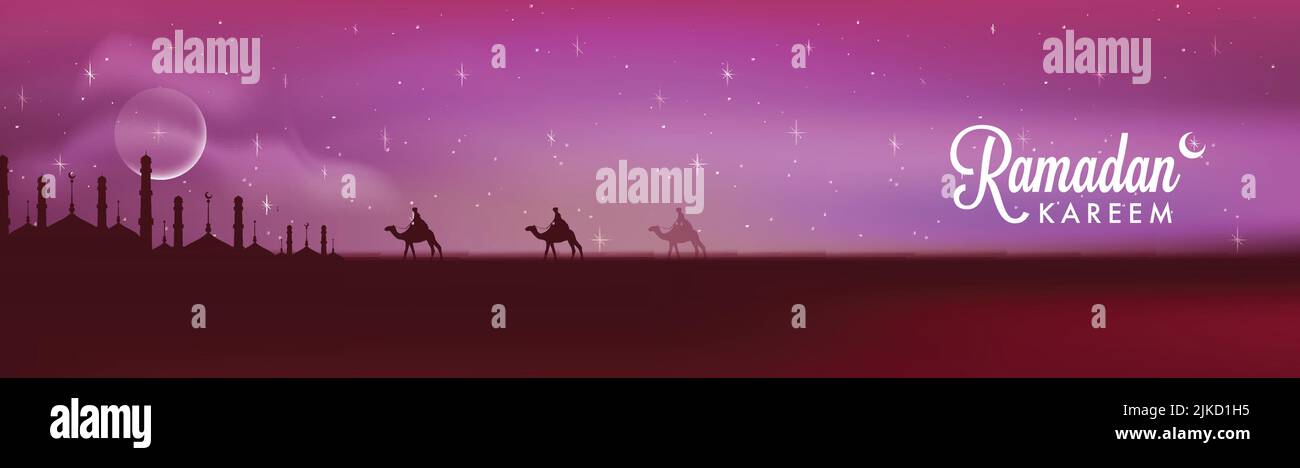 Ramadan Kareem Banner Oder Header Design Mit Menschen Reiten Kamele Auf Rosa Und Roten Silhouette Moschee Nächtlichen Hintergrund. Stock Vektor