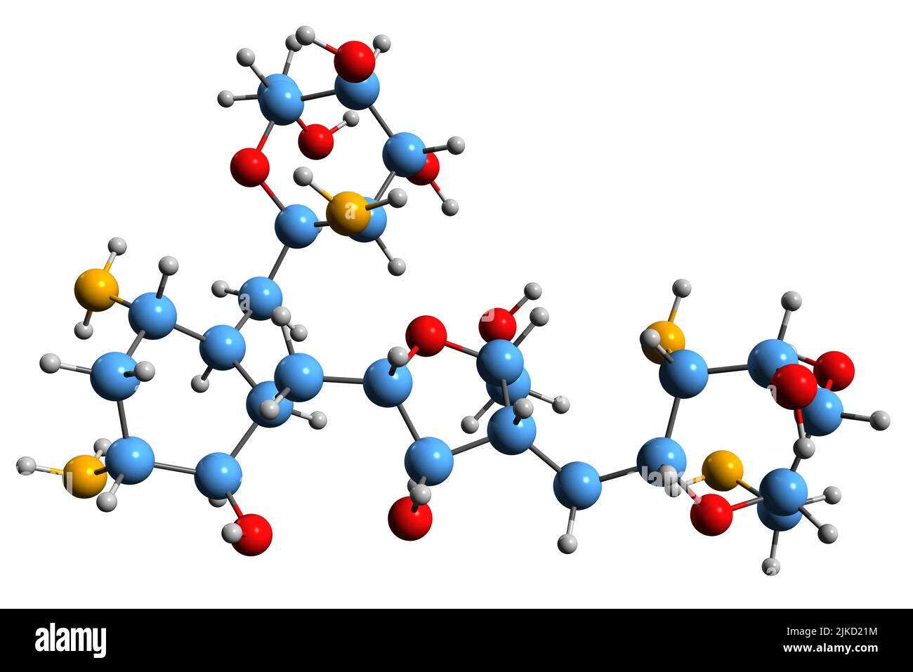 3D Bild der Paromomycin-Skelettformel - molekularchemische Struktur von antimikrobiellem Aminosidin isoliert auf weißem Hintergrund Stockfoto