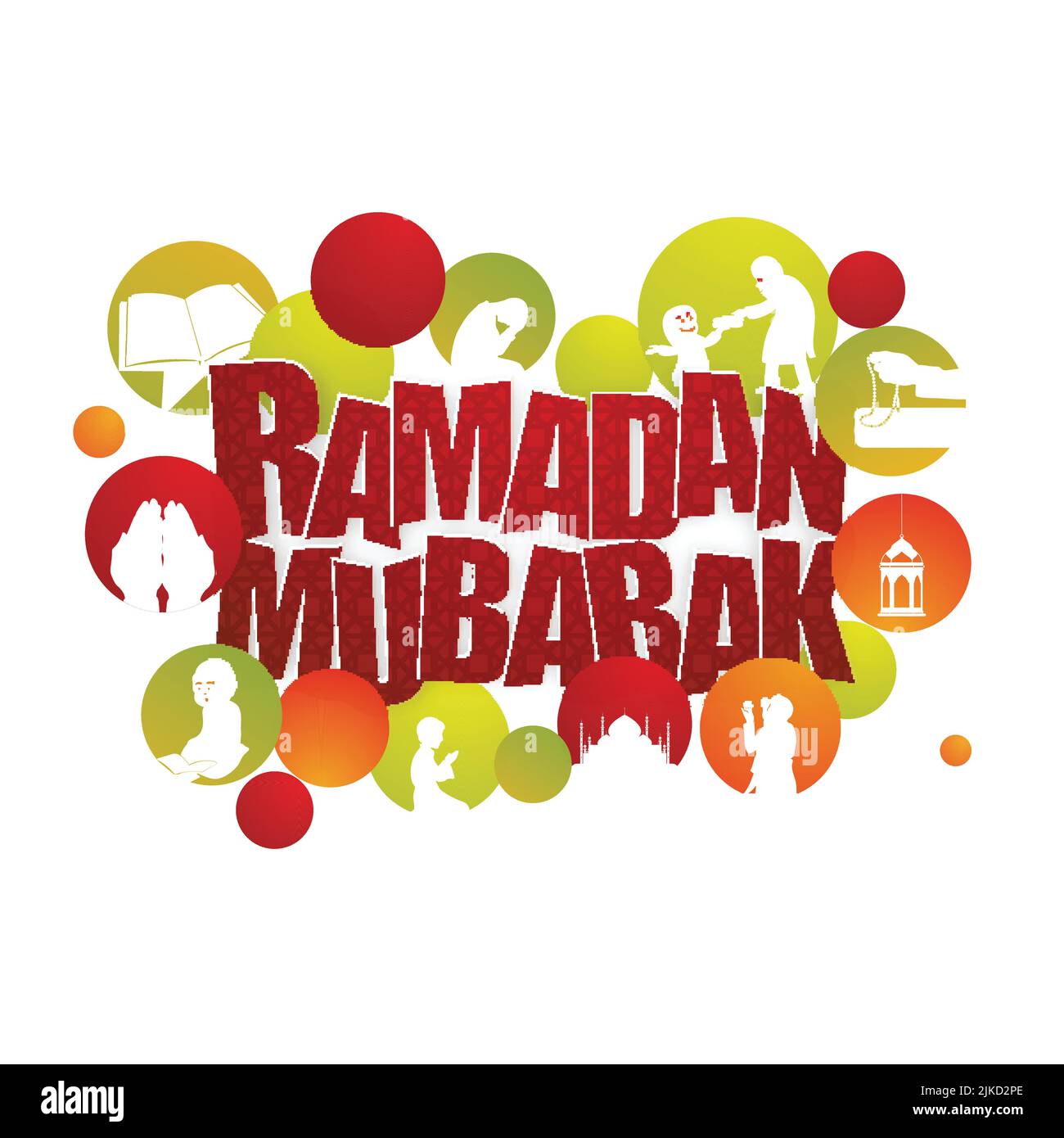 Arabisches Muster Roter Ramadan Mubarak Text Mit Verschiedenen Islamischen Elementen Auf Weißem Hintergrund Für Das Konzept Des Muslim Community Festivals. Stock Vektor