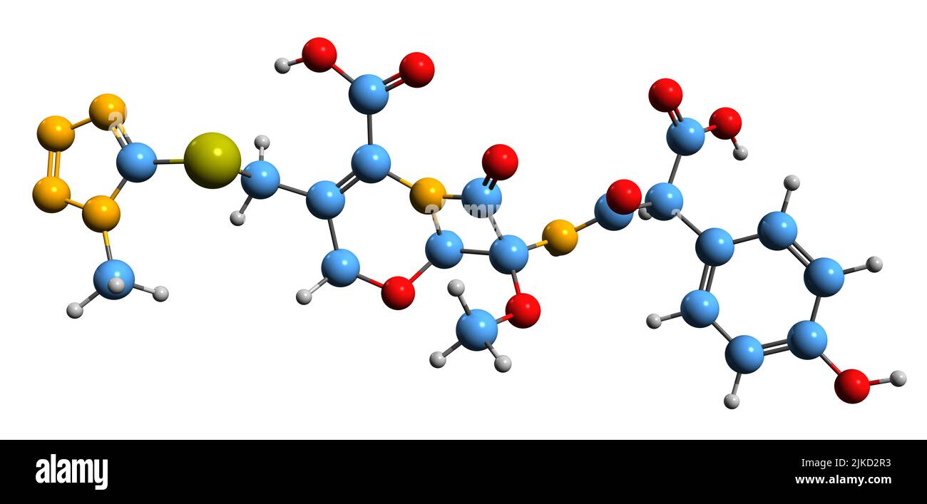 3D Bild der Latamoxef-Skelettformel - molekulare chemische Struktur des Oxacephem-Antibiotikums Moxalactam auf weißem Hintergrund isoliert Stockfoto