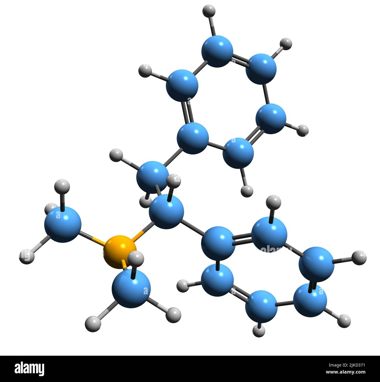 3D Bild der Skelettformel von Lefetamin - molekularchemische Struktur des Stimulans isoliert auf weißem Hintergrund Stockfoto