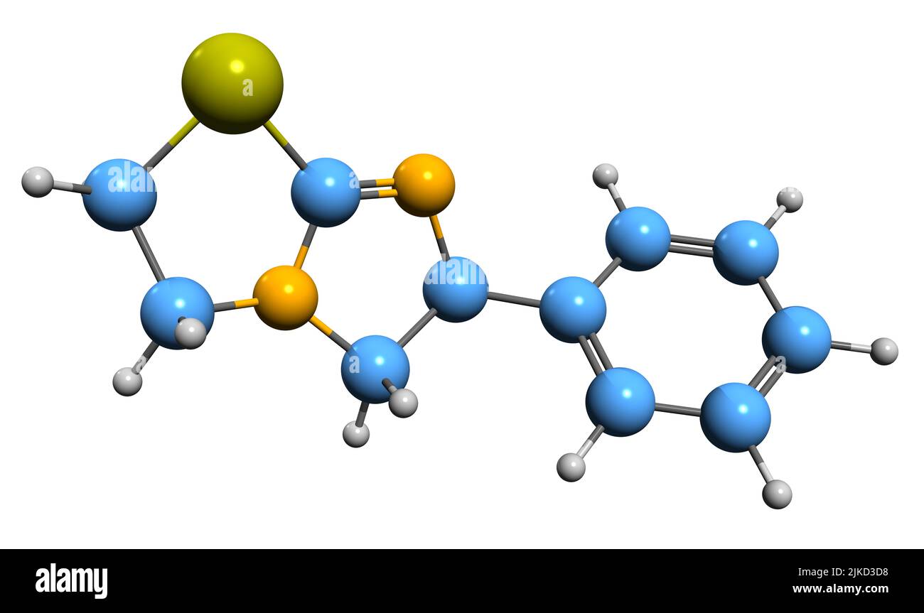 3D Bild der Skelettformel von Levamisole - molekulare chemische Struktur von antihelminthischen Medikamenten isoliert auf weißem Hintergrund Stockfoto