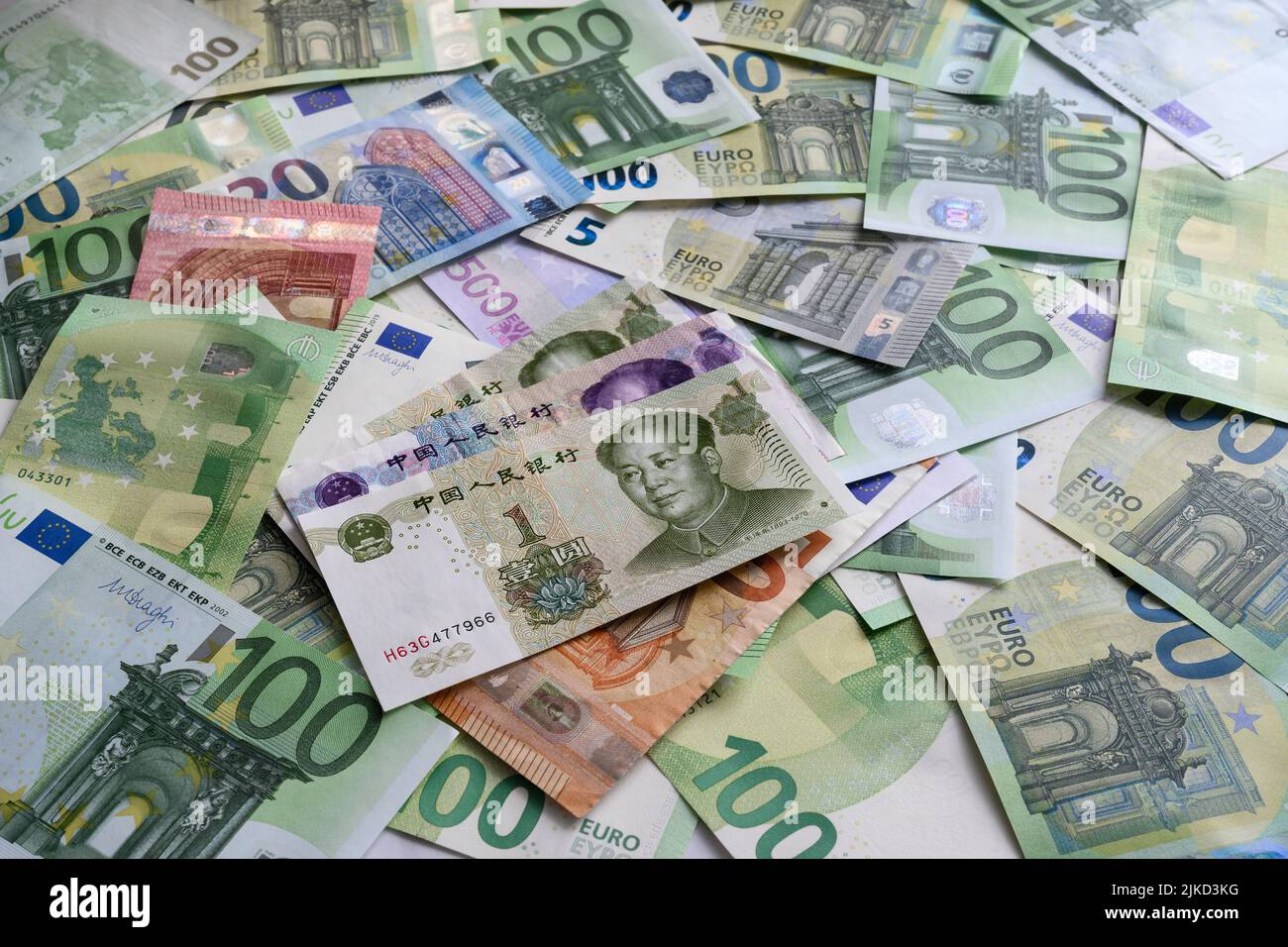 1 chinesische Yuan-Banknote auf dem Hintergrund von Euro-Banknoten in zufälliger Reihenfolge angeordnet Stockfoto