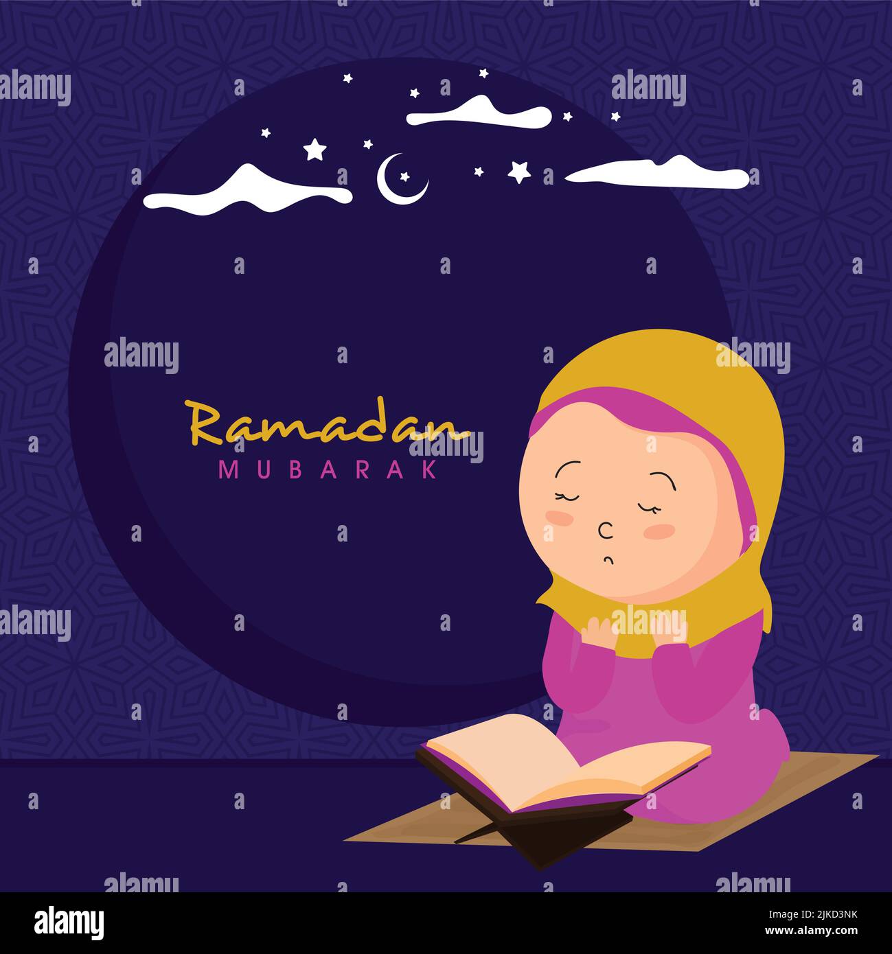 Cartoon Islamisches Mädchen, Das Namaz (Gebet) Mit Dem Heiligen Koran Buch Auf Mat Anläßlich Des Ramadan-Konzepts Anbietet. Stock Vektor
