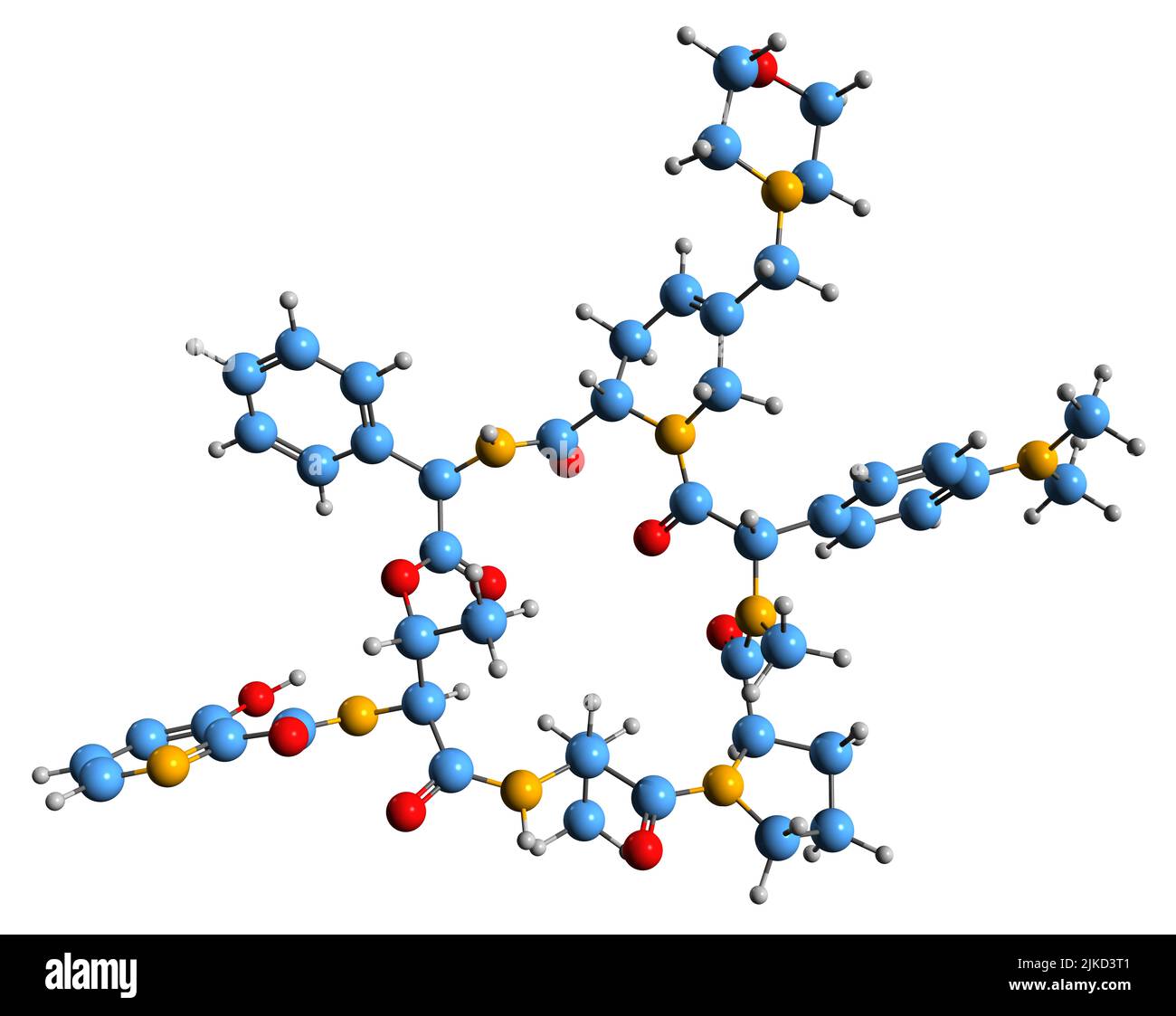 3D Bild der Skelettformel von Linopristin - molekulare chemische Struktur des Streptogramin-B-Antibiotikums, isoliert auf weißem Hintergrund Stockfoto