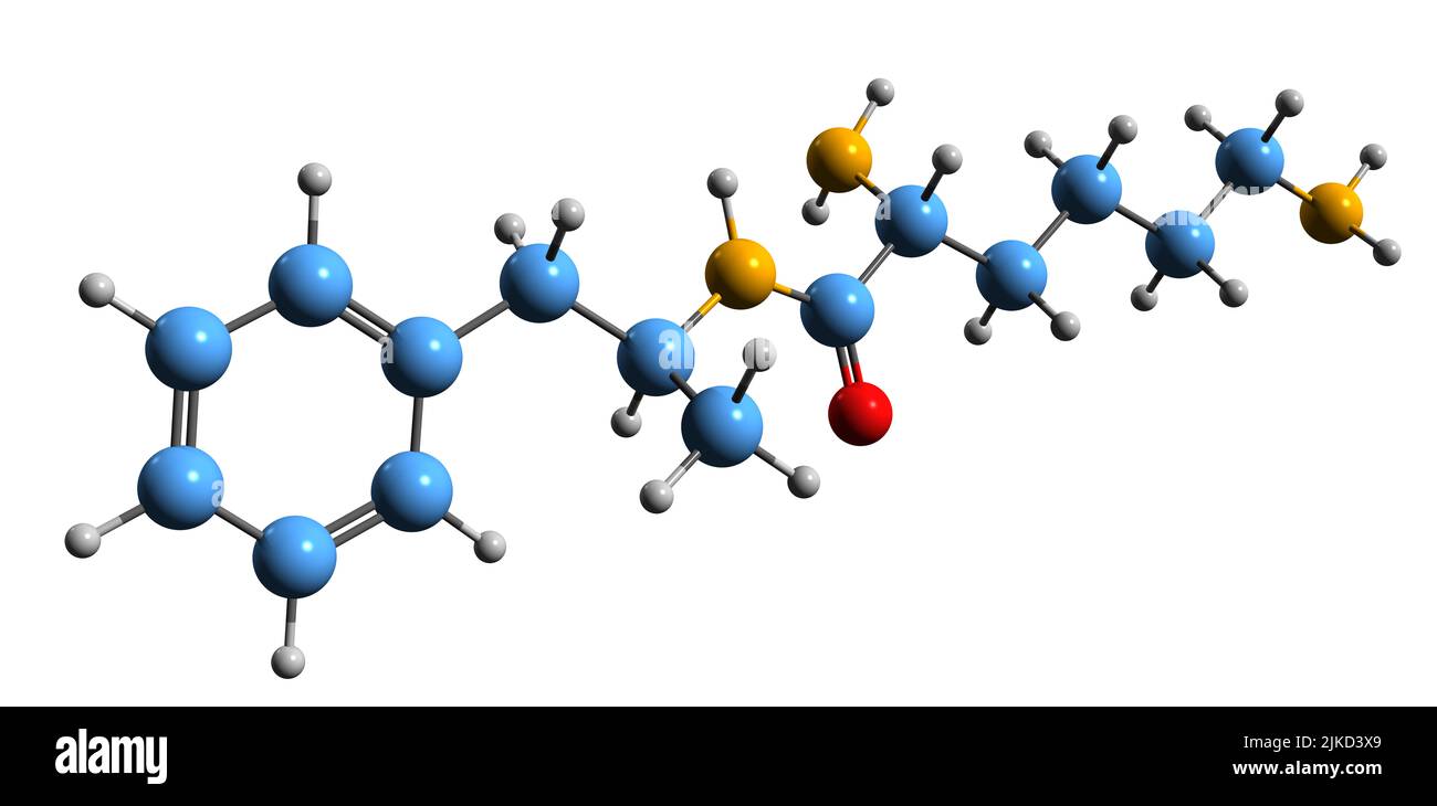 3D Bild von Lisdexamfetamin Skelettformel - molekularchemische Struktur des Stimulanzmittels L-Lysin-d-Amphetamin isoliert auf weißem Backgro Stockfoto